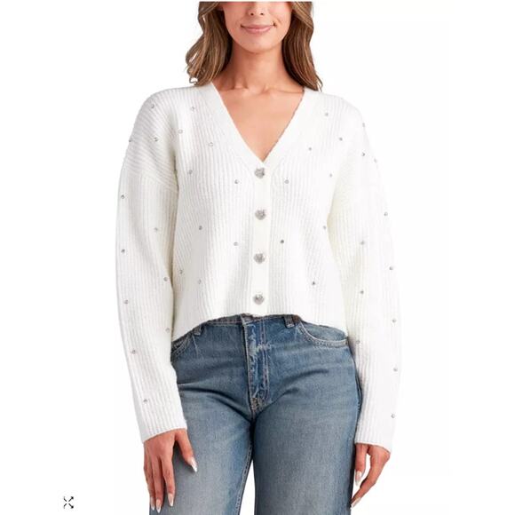 NEW BCX Embellished Cardigan Size XL White Heart Rhinestone Studded Crop Sweater - Picture 1 of 13
